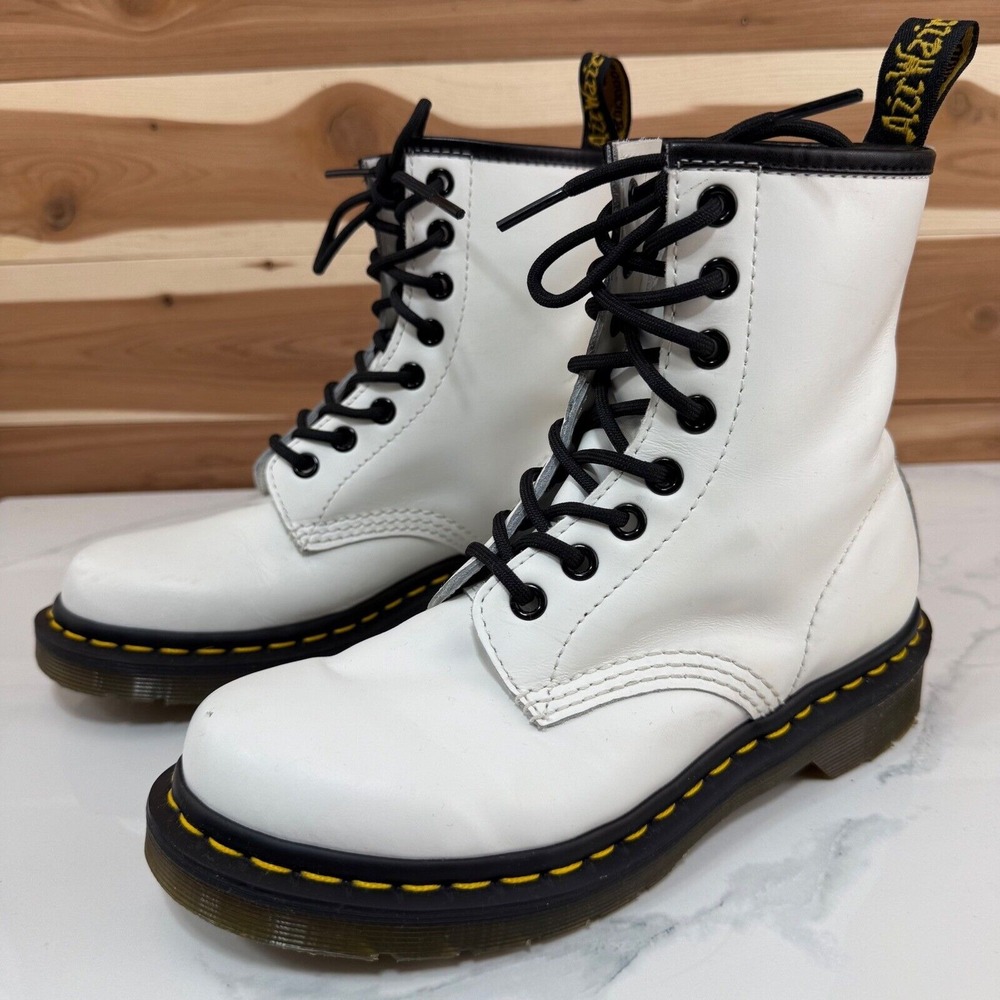 Dr. Martens 1460‎ White Leather Lace-Up Round Toe Combat Boots Womens Size 5
